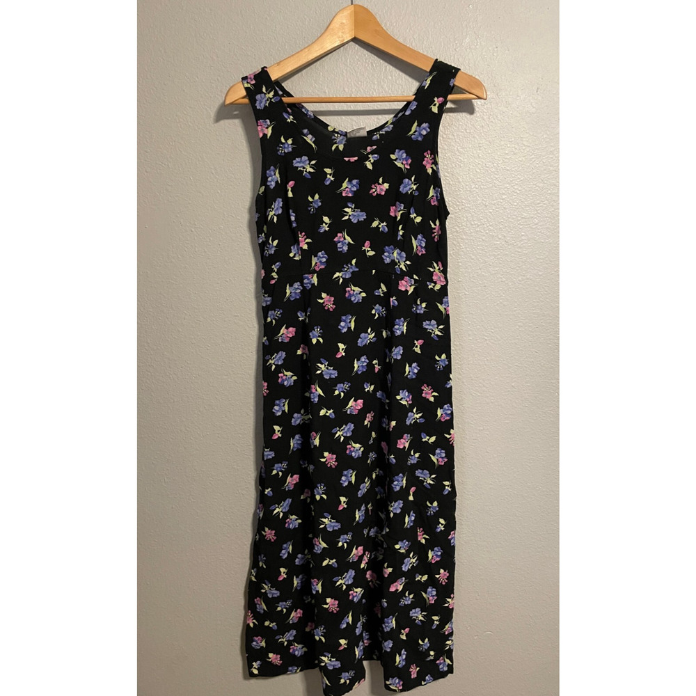 Vintage Womens Midi Dress Size 6 Black Floral Rayon Babydoll Cottagecore 90s